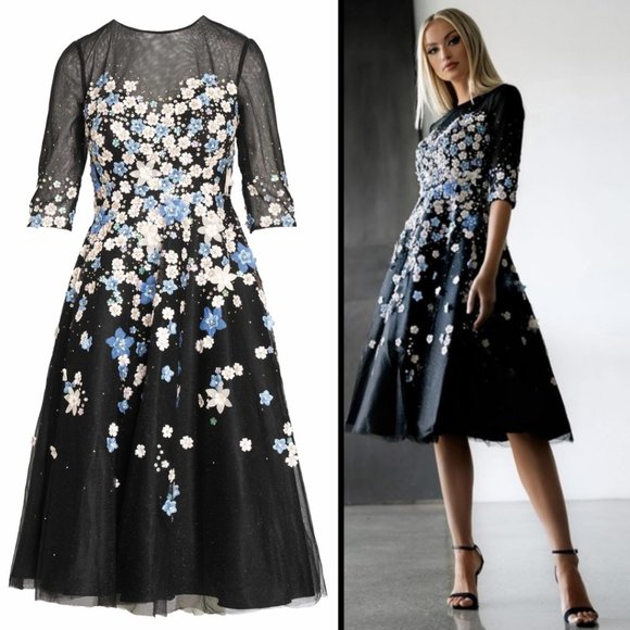 Mac Duggal 11161 Size 6 Black Blue Pink Floral Embroidered A-Line Cocktail Dress - Picture 1 of 5